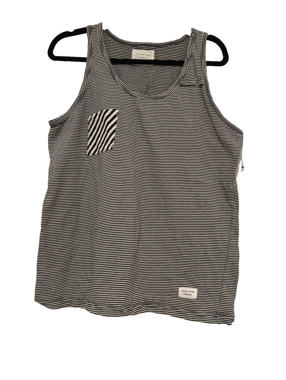 Duvin sz M black/white stripe women's cotton‎ tank top front pocket DD